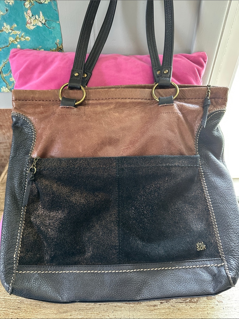The Sak Two-Tone Brown and Black Leather Tote with Front Pocket